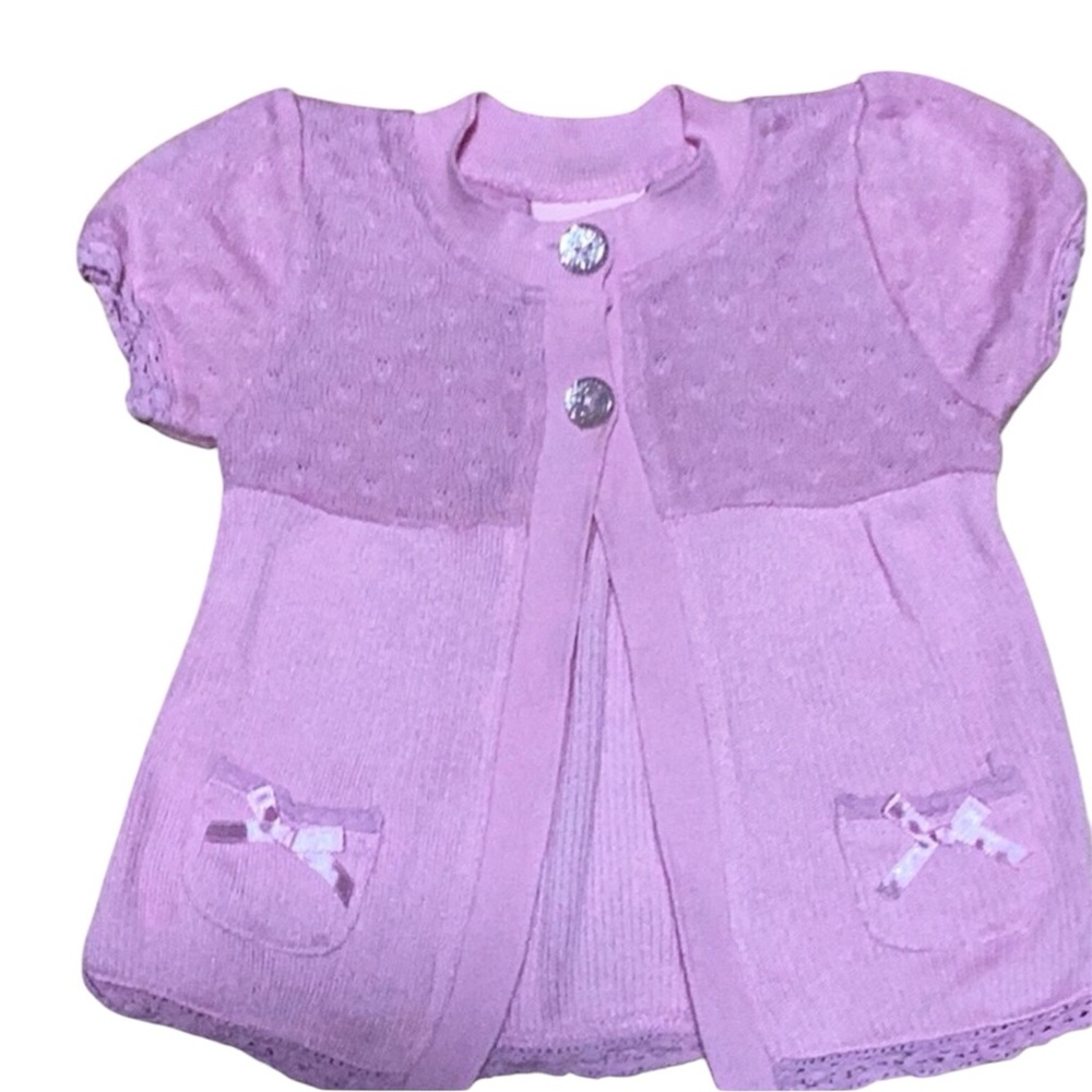 Little Lass Pink Crochet Trim Glitter Acrylic Buttons Satin Bow Pockets Cardigan